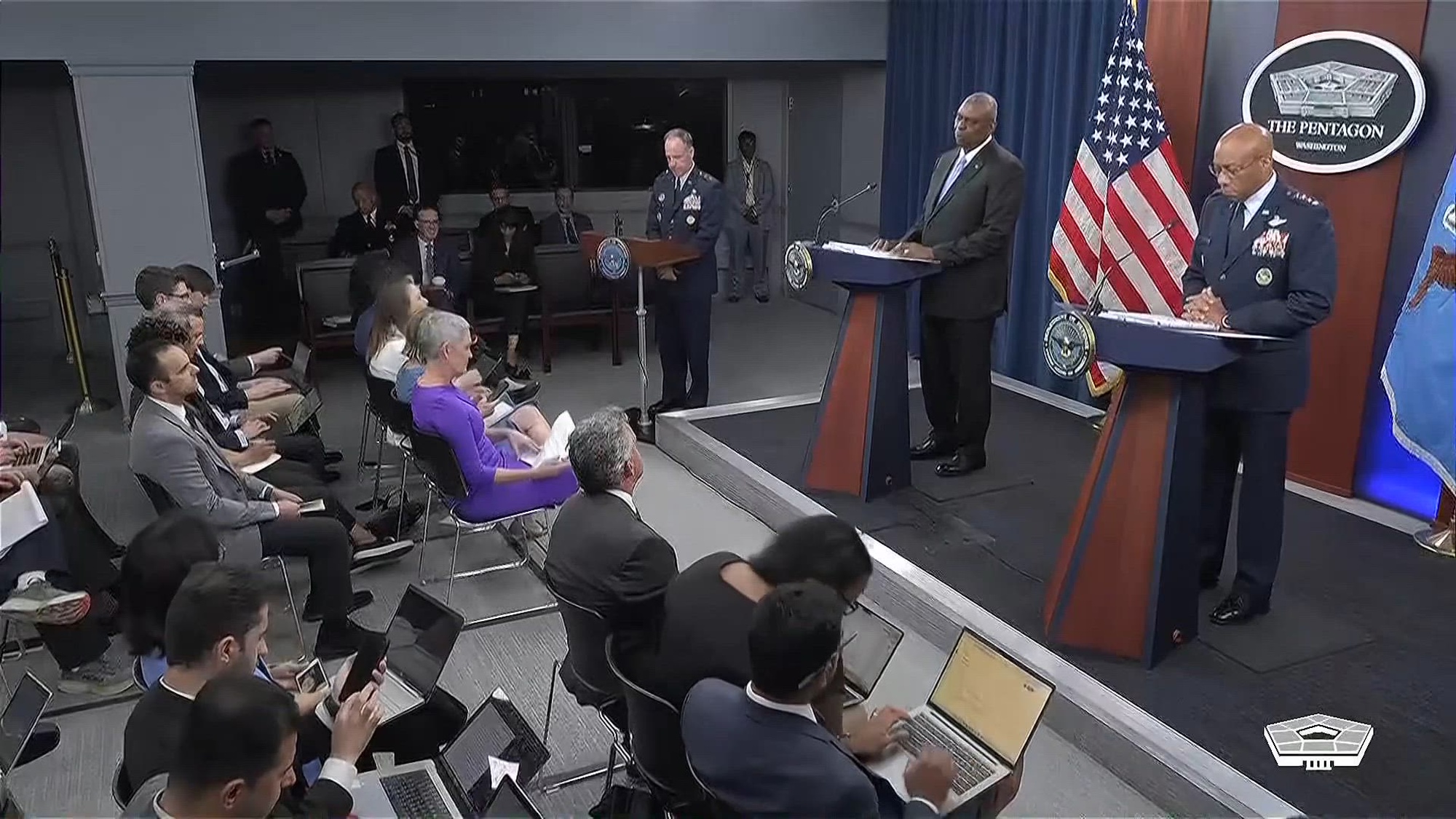 Secretary of Defense Lloyd J. Austin III and Chairman of the Joint Chiefs of Staff Air Force Gen. CQ Brown, Jr., brief the media.