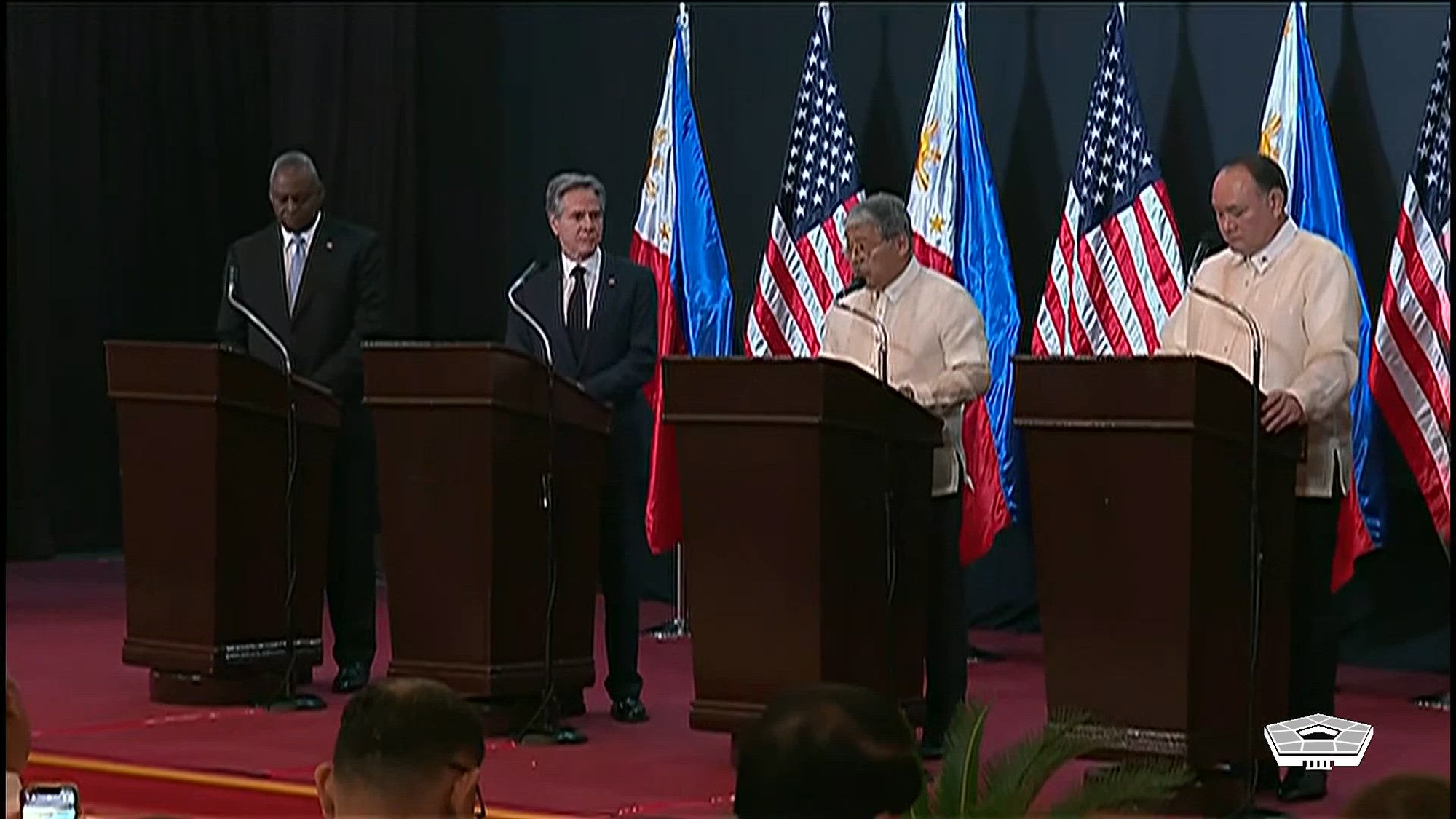 Secretary of State Antony J. Blinken, Secretary of Defense Lloyd J. Austin III, Philippine Foreign Secretary Enrique Manalo and Philippine Defense Secretary Gilbert Teodoro hold a press conference in the Philippine capital, Manila.