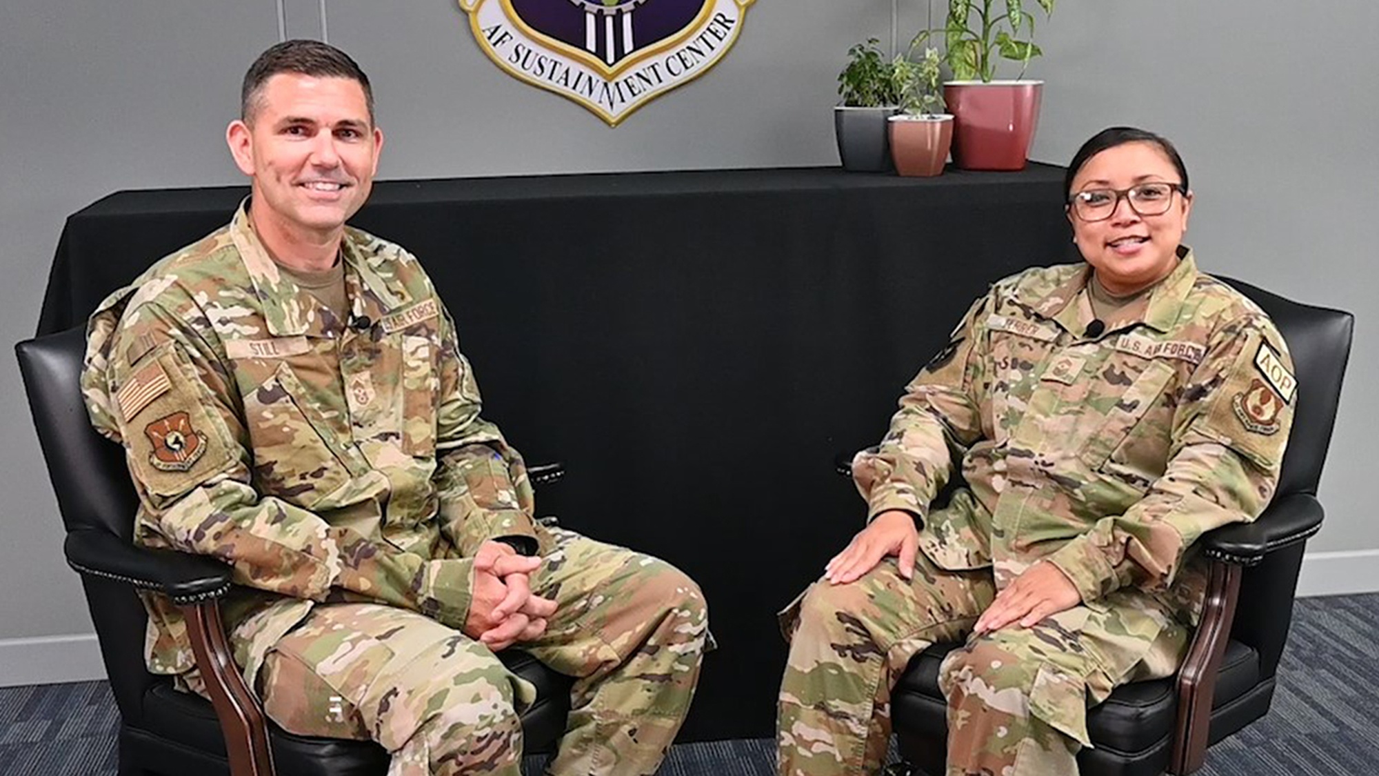 Chief Master Sergeant Beth Ferrer, command chief Air Force Sustainment Center, interviews Chief Master Sergeant Corey Still, individual mobilization augmentee to the Command Chief Air Force Sustainment Center. Ferrer and Still discuss his role as an IMA at AFSC.
