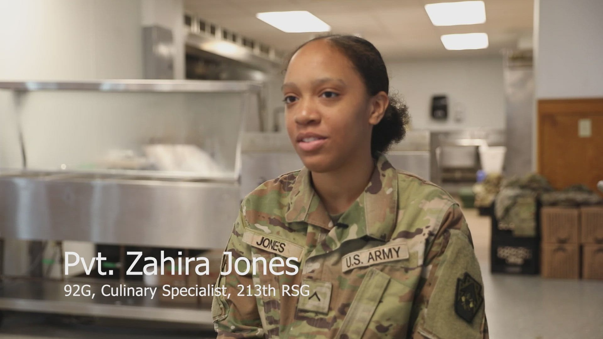 U.S. Army Pvt. Zahira Jones, a culinary specialist with the 213th Regional Support Group, discusses why she joined the Pennsylvania National Guard and her role in the U.S. Army. Culinary specialists, military occupational specialty 92G, are responsible for preparing and servicing meals both in the field and at home station. (U.S. Army National Guard video by Sgt. 1st Class Tom Bixler and Spc. Annie Riley)