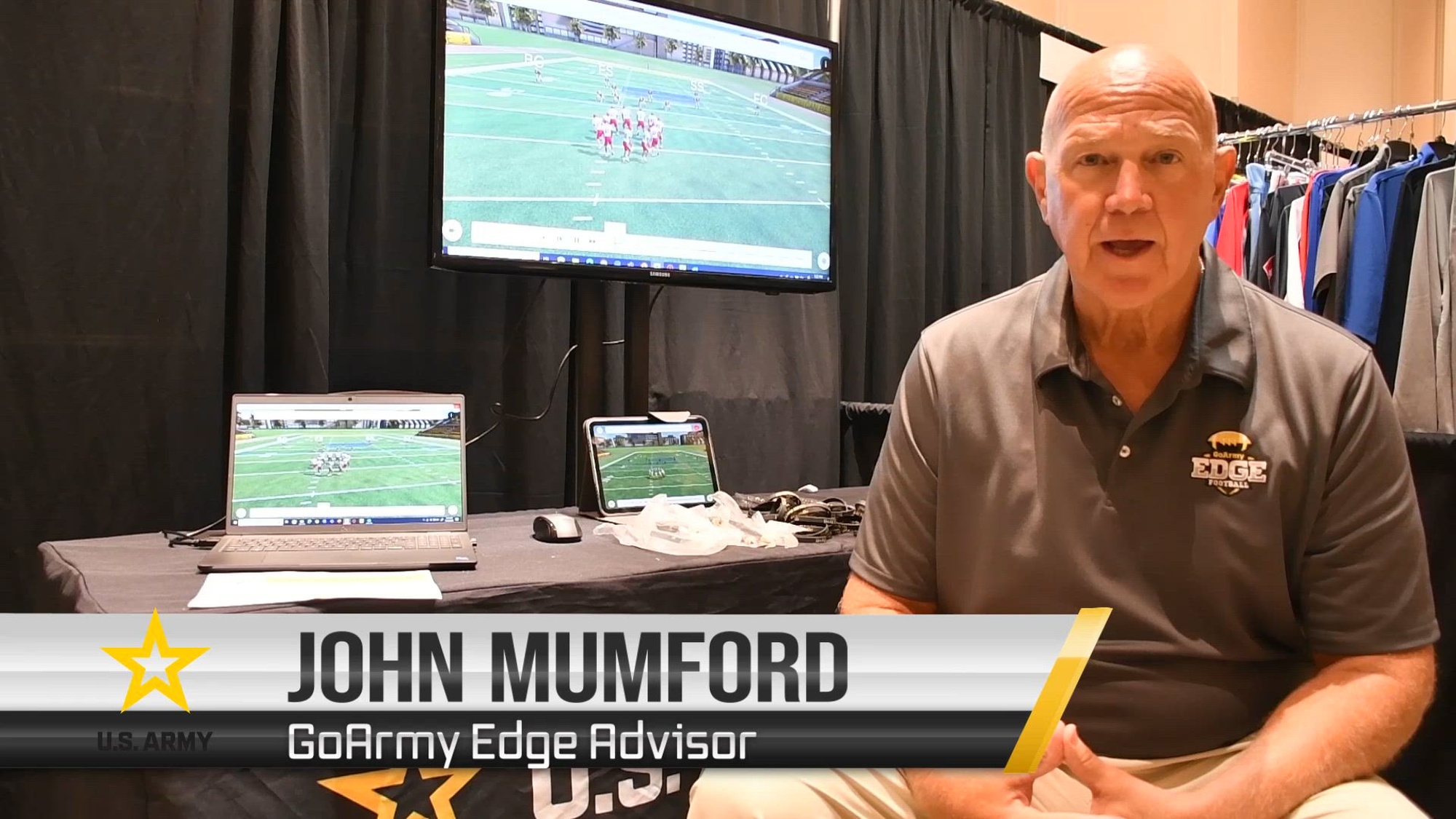 The U.S. Army Game Studio (AGS) arrives to exhibit the<br />‘GoArmy Edge’ app to the Louisiana Association of Coaches Clinic at the Crowne Plaza Hotel Conference Center, July 15-17.<br /><br />Developed by the U.S. Army, the app allows coaches to draw plays, coach visually and design drills for players in a virtual environment before taking the field.<br /><br />“It is a free app that can be accessed by players and coaches all from their phones,” John Mumford, GoArmy Edge Advisor, said. “Coaches have full-control and can draw-up original<br />plays that are converted into virtual 3D animation.”<br /><br />Mumford helped the GoArmy Edge app reach optimal functionality as a subject matter expert, having coached football for 40-years; and 14 of those years spent as Defensive Coordinator with Army’s West Point football team.