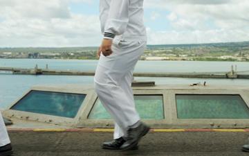 USS Carl Vinson Sailors Man the Rails while departing Pearl Harbor