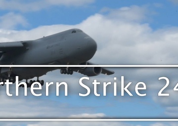 A C-5M Super Galaxy from the 9th Airlift Squadron lands at Alpena Combat Readiness Training Center during Northern Strike 24-2