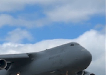 A C-5M Super Galaxy from the 9th Airlift Squadron lands at Alpena Combat Readiness Training Center during Northern Strike 24-2