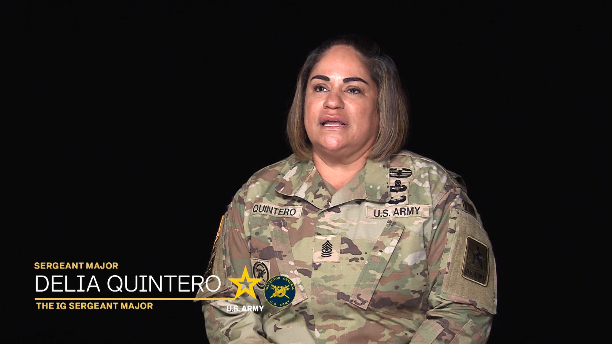 U.S. Army Sgt. Maj. Delia Quintero, the Inspector General Sergeant Major, is interviewed at the Pentagon in Arlington, Virginia, June 7, 2024. (U.S. Army video)