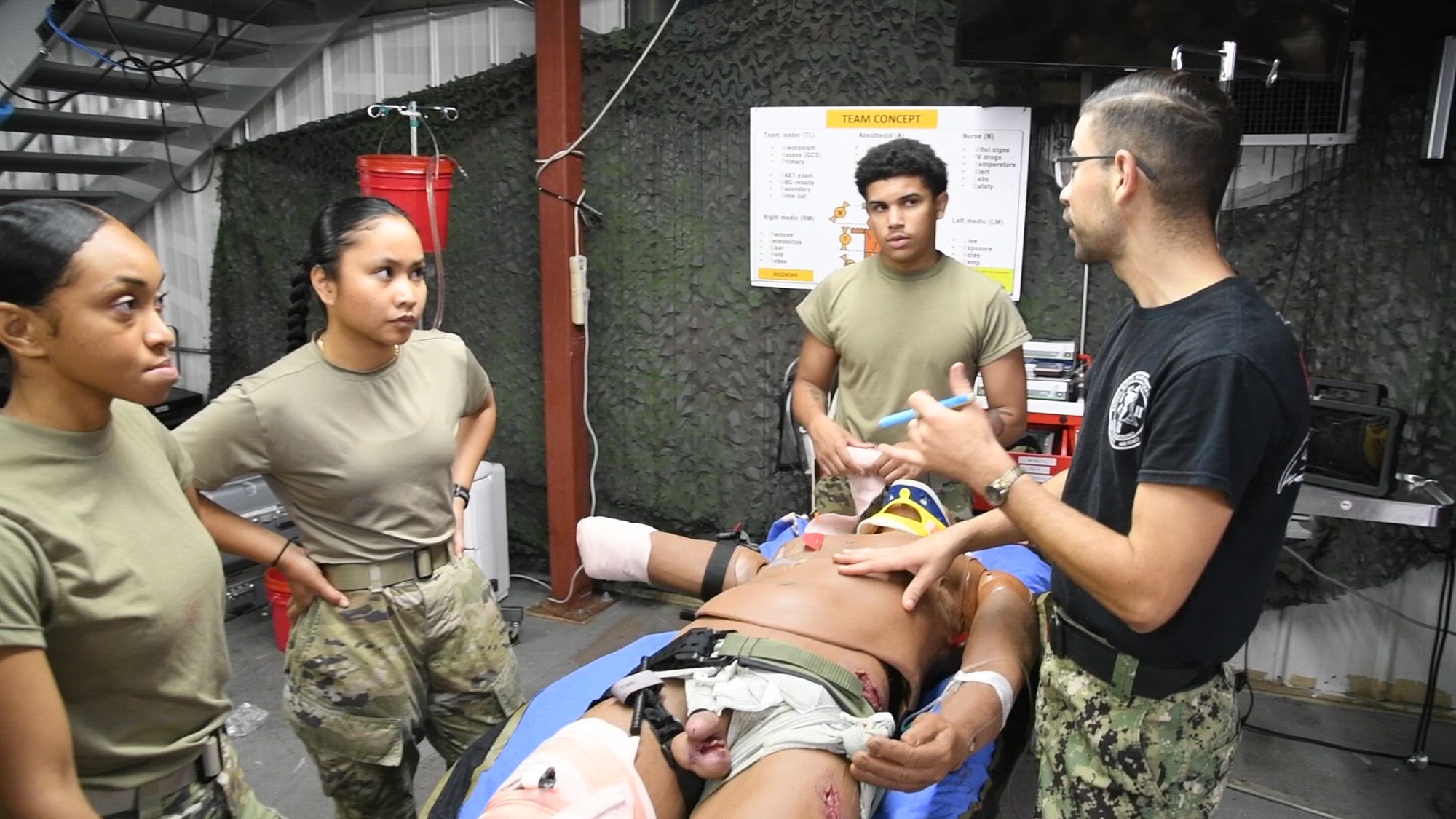 Reserve Officer Training Corps nursing students assess and treat a simulated patient during Brooke Army Medical Center’s Nurse Summer Training Program at Camp Bullis, Texas, Aug. 15, 2024. The program allows nursing students to further develop and practice leadership and clinical skills between their junior and senior years of nursing school.
