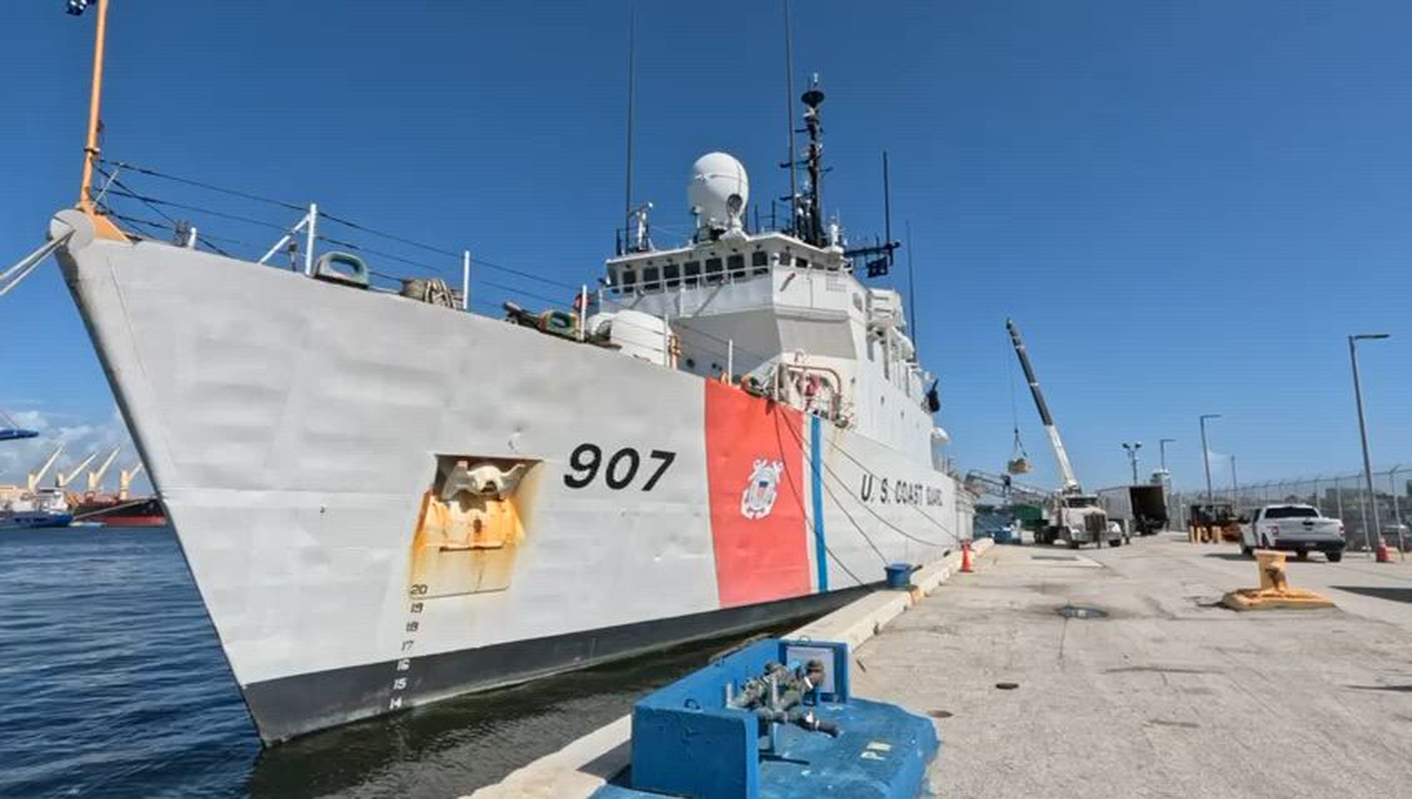 Crew members of the Coast Guard Cutter Escanaba (WMEC 907) conduct an offload of nearly $50 million in illegal narcotics in Port Everglades, Florida, Aug. 23, 2024. The offload is a result of suspected drug smuggling interdictions in the Eastern Pacific Ocean. (U.S. Coast Guard video by Petty Officer 3rd Class Nicholas Strasburg)