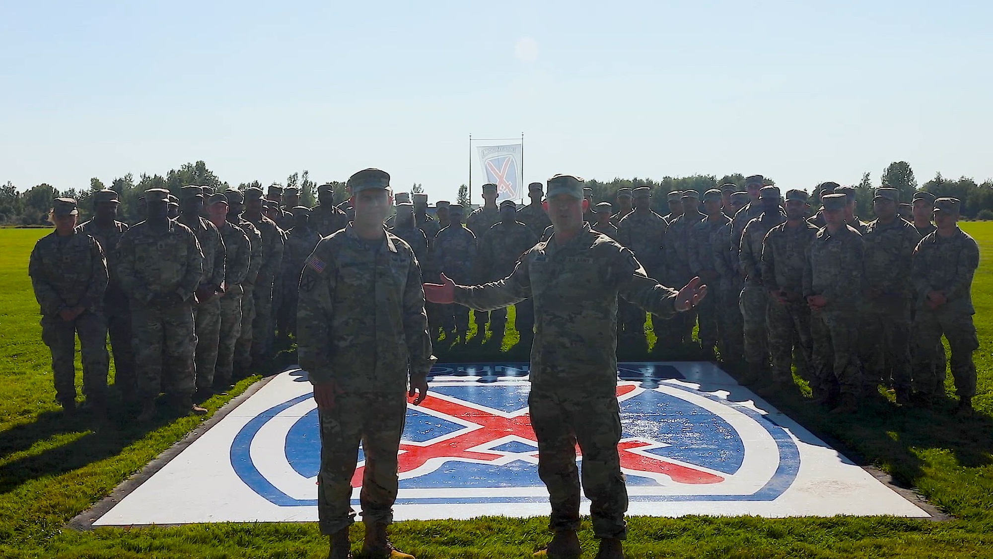 Soldiers assigned to A Company, 10th Brigade Support Battalion, 1st Brigade Combat Team, 10th Mountain Division (LI), join the division&#39;s commanding general, Maj. Gen. Scott Naumann,  and  division senior enlisted advisor, Command Sgt. Maj. Brett Johnson,  at Sexton Field, Fort Drum, New York, Sept. 5, 2024, during a shout-out for the Sept. 26, 2024 United States Military Academy West Point football game versus the Temple Owls at Temple University, Philadelphia, Pennsylvania. Army units and leadership, from across the Army, give shout-outs every year for West Point to win upcoming football games as part of a long-standing tradition of support.