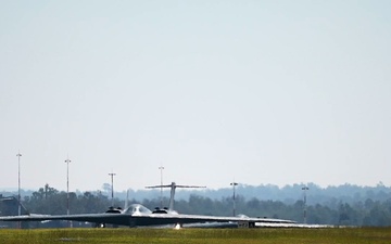 B-roll of B-2 Spirit stealth bomber taking off and night landing