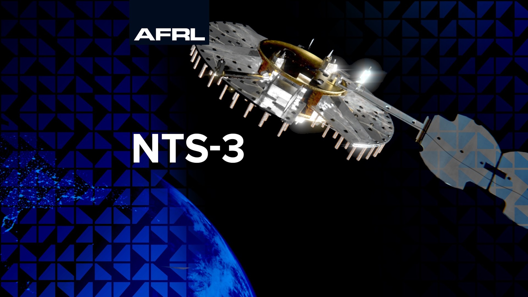Navigation Technology Satellite-3, or NTS-3, an experimental platform designed to demonstrate technologies to increase resiliency, robustness and reprogrammability of Position, Navigation, and Timing functionality in space.  AFRL is accelerating innovation by transforming the satellite navigation architecture to be reprogrammable both on-orbit and in the field, which enables new capabilities to support the warfighter faster through software updates. (U.S. Air Force video by Bradley Bowman and Ryan Law)