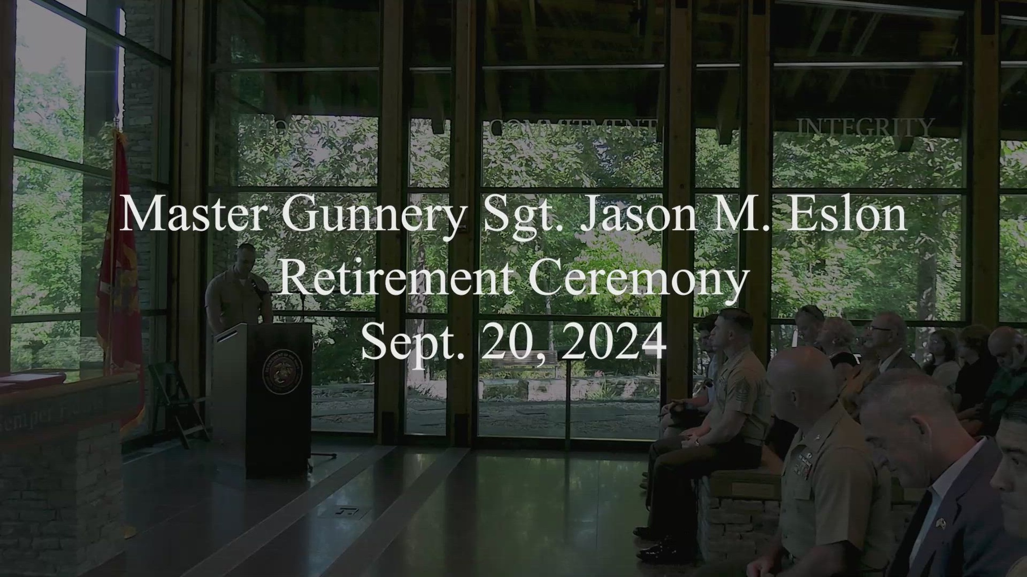 U.S. Marine Corps Master Gunnery Sgt. Jason Elson’s, a Virginia native and the director of logistics air systems, retires at the Semper Fidelis Chapel, National Museum of the Marine Corps, Triangle, Virginia, Sept. 20, 2024. Elson honorably served 28 years and directly supported the Combined Joint Special Operations Task Force – Afghanistan. (U.S. Marine Corps video by Cpl. Keahi J. Soomanstanton)