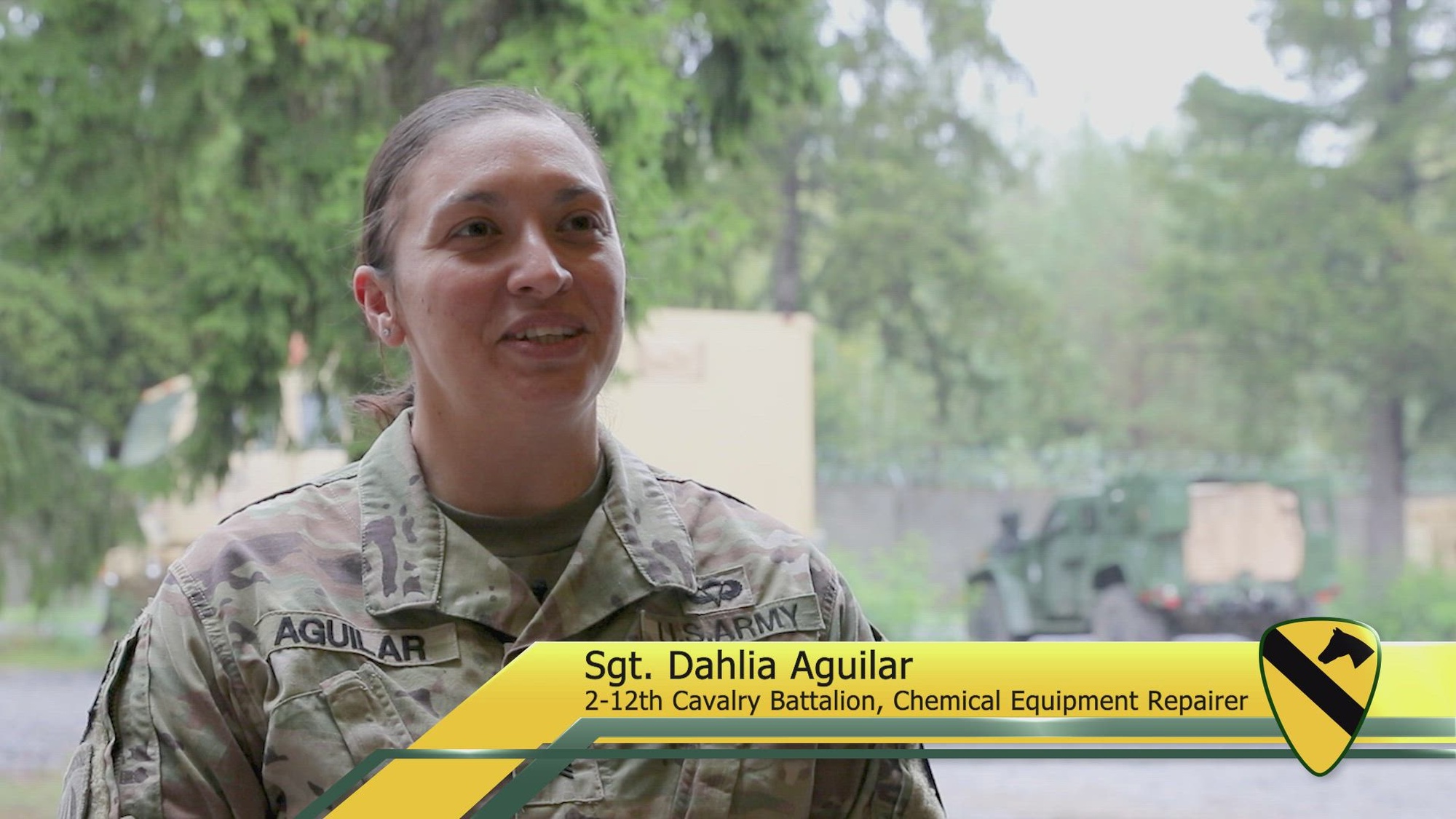 U.S. Army Sgt. Dahlia Aguilar, a native of Alice, Texas, and a quartermaster and chemical equipment repairer assigned to Golf “Gambler” Forward Support Company, 2nd Battalion, 12th Regiment, 1st Armored Brigade Combat Team, 1st Cavalry Division, discusses her pride as a Hispanic soldier while stationed at Bemowo Piskie Training Area, Poland, Oct. 3, 2024. The 1st Cavalry Division’s mission is to engage in multinational training and exercises across the continent, strengthening interoperability with NATO allies and regional security partners, which provides competent and ready forces to V Corps, America’s forward-deployed corps in Europe. (U.S. Army video by Staff Sgt. Richard Wooten)