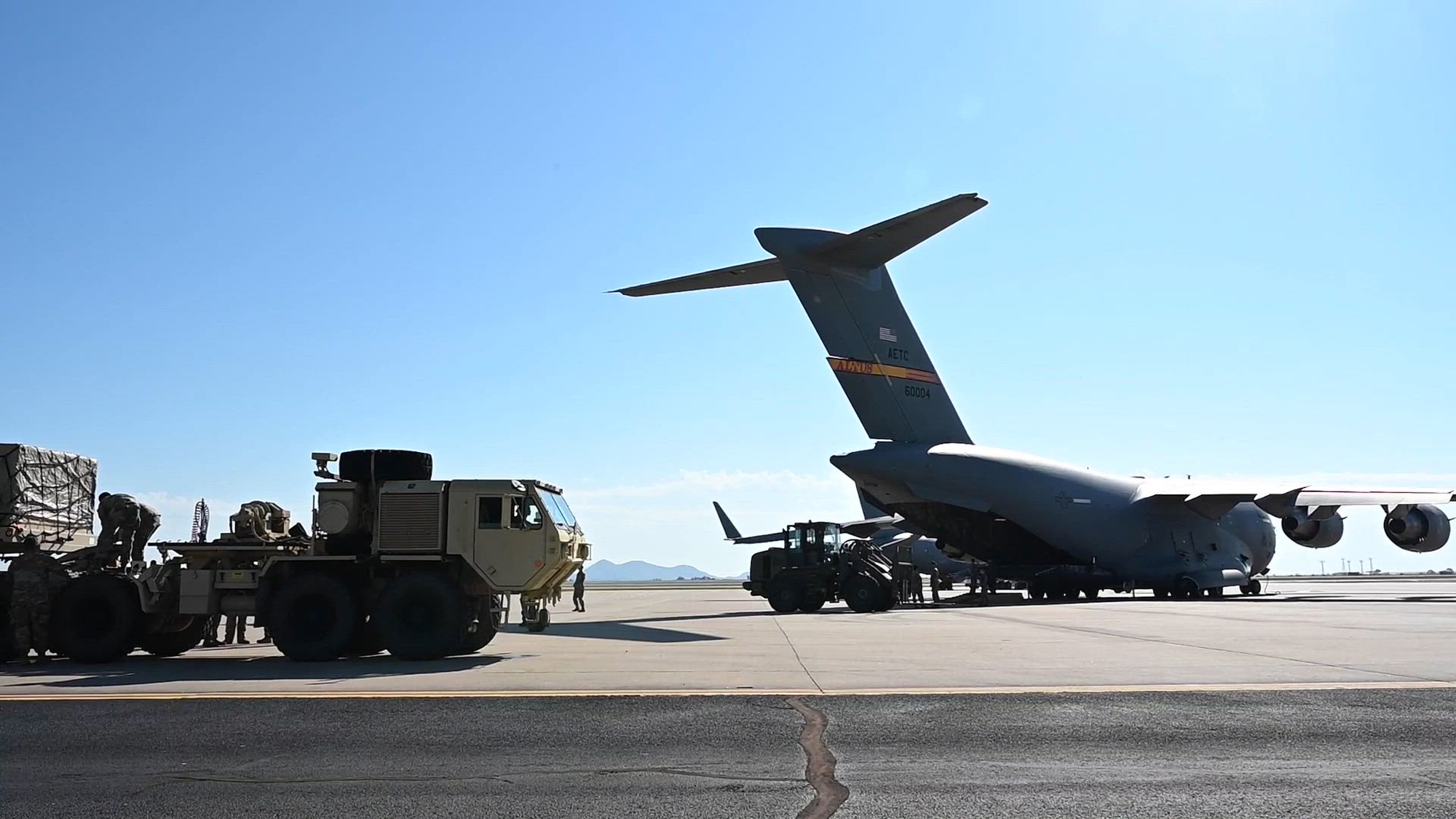 Airmen from Altus Air Force Base (AFB), Oklahoma, and Soldiers from Fort Sill, Oklahoma, conduct joint training at Altus AFB, Sept. 18, 2024. The training consisted of performing uploads, downloads, and securing cargo in a C-17 Globemaster III aircraft. (U.S. Air Force video by Airman 1st Class Jonah Bliss)