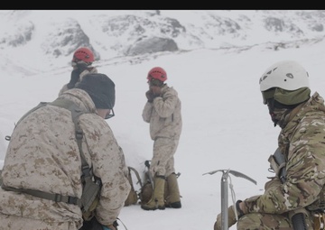 U.S. Marine Corps Mountain Warfare Instructors conduct cold-weather rescue training with Argentine marines