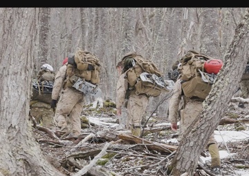 U.S. Marine Corps Mountain Warfare Instructors climb an ice wall with Argentine marines