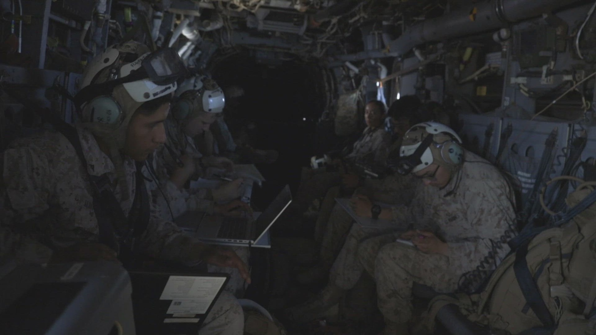 U.S. Marines assigned to Marine Aviation Weapons and Tactics Squadron One control aircraft from an airborne platform during Weapons and Tactics Instructor course 1-25, near Marine Corps Air Station Yuma, Arizona, Oct. 8, 2024. Weapons and Tactics Instructor course is a seven-week training event hosted by MAWTS-1 which emphasizes operational integration of the six functions of Marine aviation in support of the Marine Air Ground Task Force, Joint and Coalition Forces. (U.S. Marine Corps video by Cpl. Alejandro Fernandez)