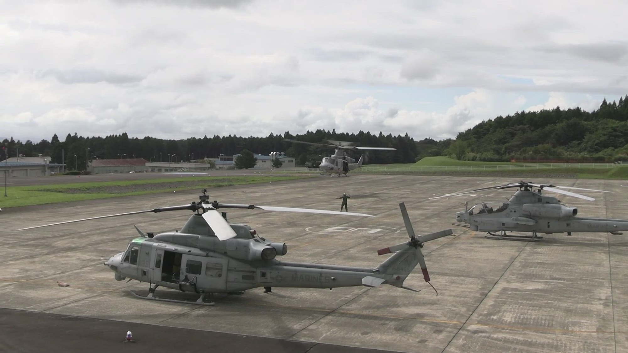 U.S. Marines with Marine Light Attack Helicopter Squadron 367, Marine Aircraft Group 36, 1st Marine Aircraft Wing fly AH-1Z Viper attack helicopters and UH-1Y utility helicopters during Fuji Viper 24 at Combined Arms Training Center Camp Fuji, Shizuoka, Japan, Sept. 7-25, 2024. Fuji Viper is an annual exercise that enables Marines operating in Japan the opportunity to conduct combined arms live-fire training and maintain operational readiness, tactical proficiency, and lethality within the first island chain. (U.S. Marine Corps video by Sgt. Gabriel Antwiler)