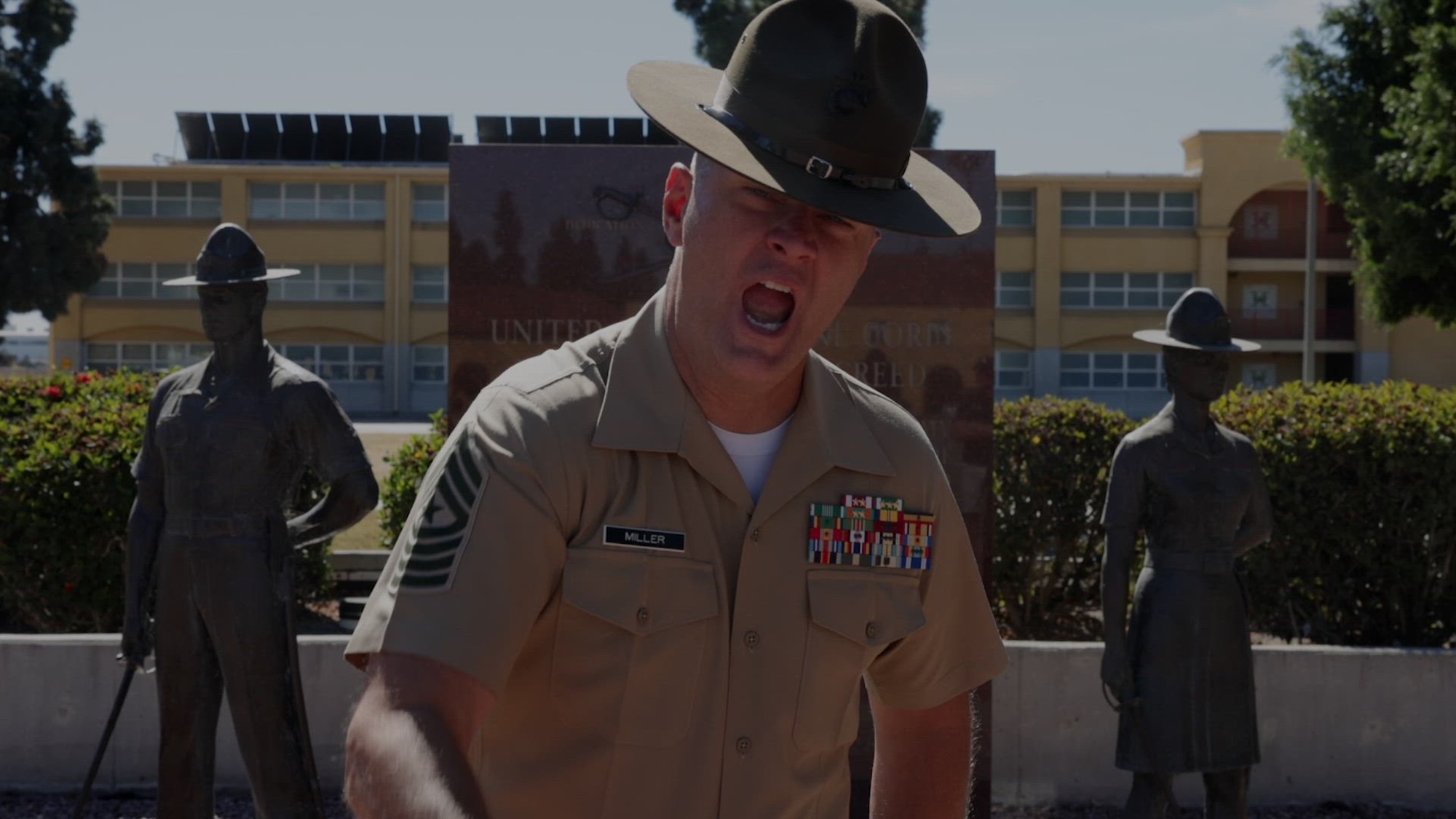 U.S. Marine Corps Sgt. Maj. John Miller, the Sergeant Major of Recruit Training Regiment, Marine Corps Recruit Depot San Diego, gives a shoutout to the Los Angeles Chargers and their fans at Marine Corps Recruit Depot San Diego, Oct. 23, 2024. The shoutout is intended to get fans excited for the game and to show appreciation for the military on Veterans Day. (U.S. Marine Corps video by Cpl. Alexander O. Devereux)