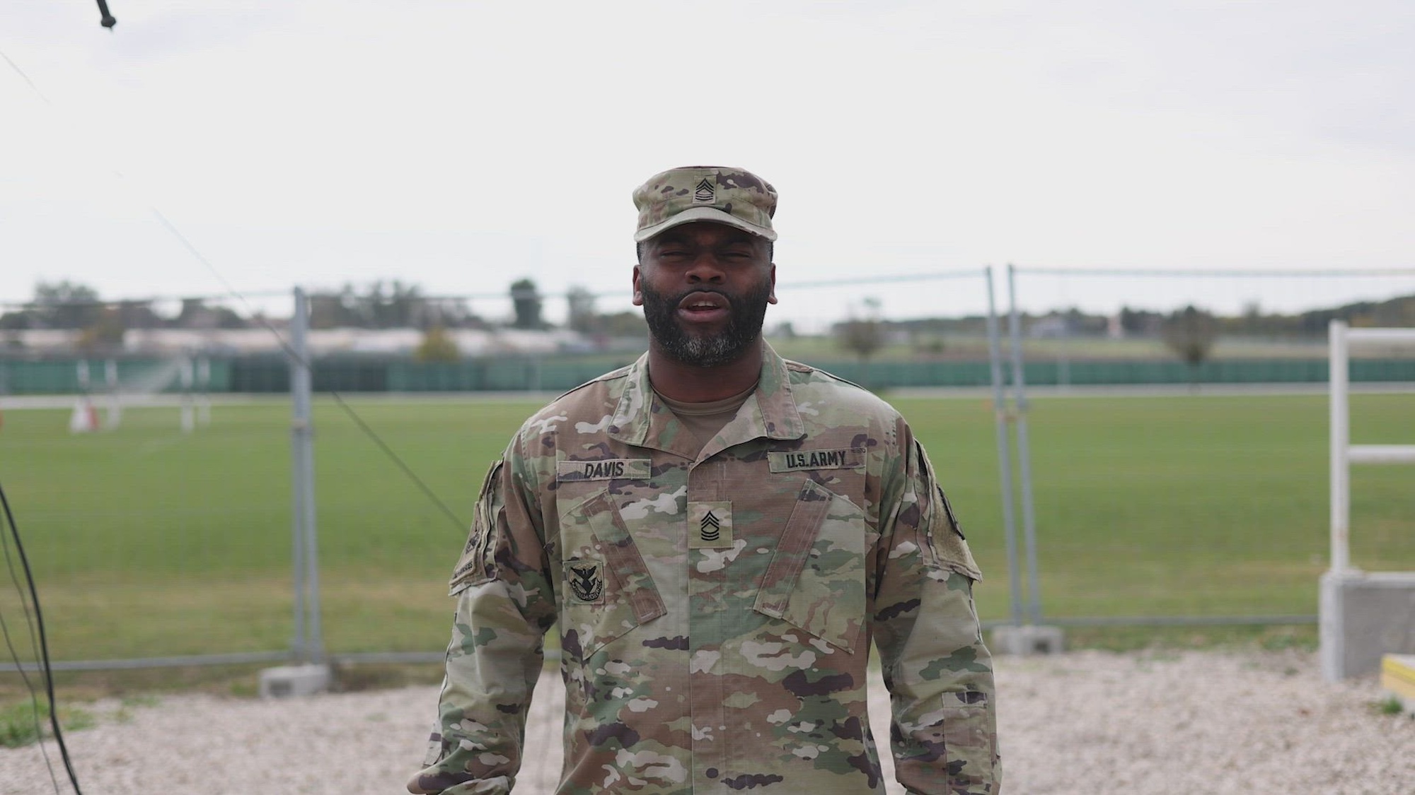 Master Sgt. Derrick Davis, a career counselor assigned to 317th Brigade Engineer Battalion, 3rd Brigade Combat Team, 10th Mountain Division, hopes family and friends have a happy Veterans Day and shares a shout-out for NFL’s Atlanta Falcons at Mihail Kogălniceanu Air Base, Romania, Oct. 30, 2024. Veterans Day is celebrated with ceremonies, parades, and moments of silence across the country, offering communities a way to publicly show their gratitude. (U.S. Army video by Spc. Alexcia Rupert)