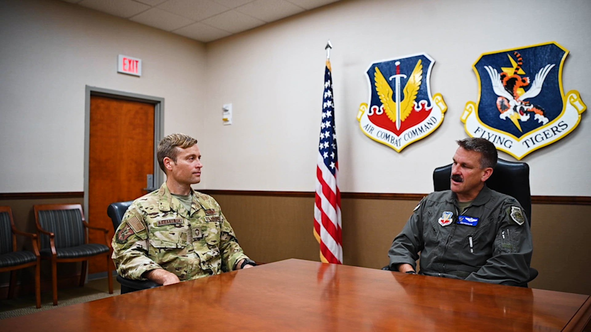 Air Combat Command’s October Bridge Chat is “Patriotism”. U.S. Air Force Col. Ben Rudolphi, 23rd Wing acting commander, and Chief Master Sgt. William Nabakowski, 23rd Wing acting command chief, discuss their views and opinions on the topic at Moody Air Force Base, Georgia, Oct. 25, 2024. (U.S. Air Force video by Airman 1st Class Savannah Carpenter)