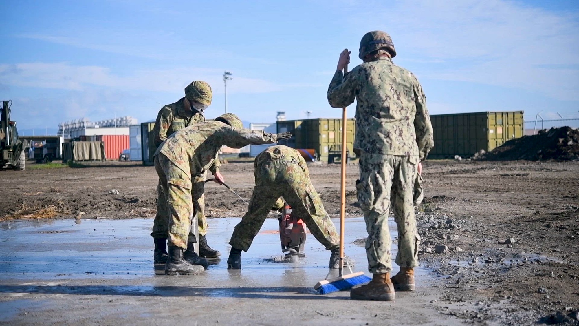 Japan Ground Self-Defense Force members with the 13th Brigade, Middle Army, conduct airfield damage repair training with U.S. Sailors from MCAS Iwakuni and U.S. Marines with Marine Wing Support Squadron 171, Marine Aircraft Group 12, 1st Marine Aircraft Wing, during exercise Keen Sword 25 at Marine Corps Air Station Iwakuni, Japan, Oct. 30, 2024. Keen Sword is a biennial, joint and bilateral field-training exercise involving U.S. military and Japan Self-Defense Force personnel, designed to increase readiness and interoperability while strengthening the ironclad U.S.-Japan alliance. (U.S. Marine Corps video by Lance Cpl. Eliza Fremont)
