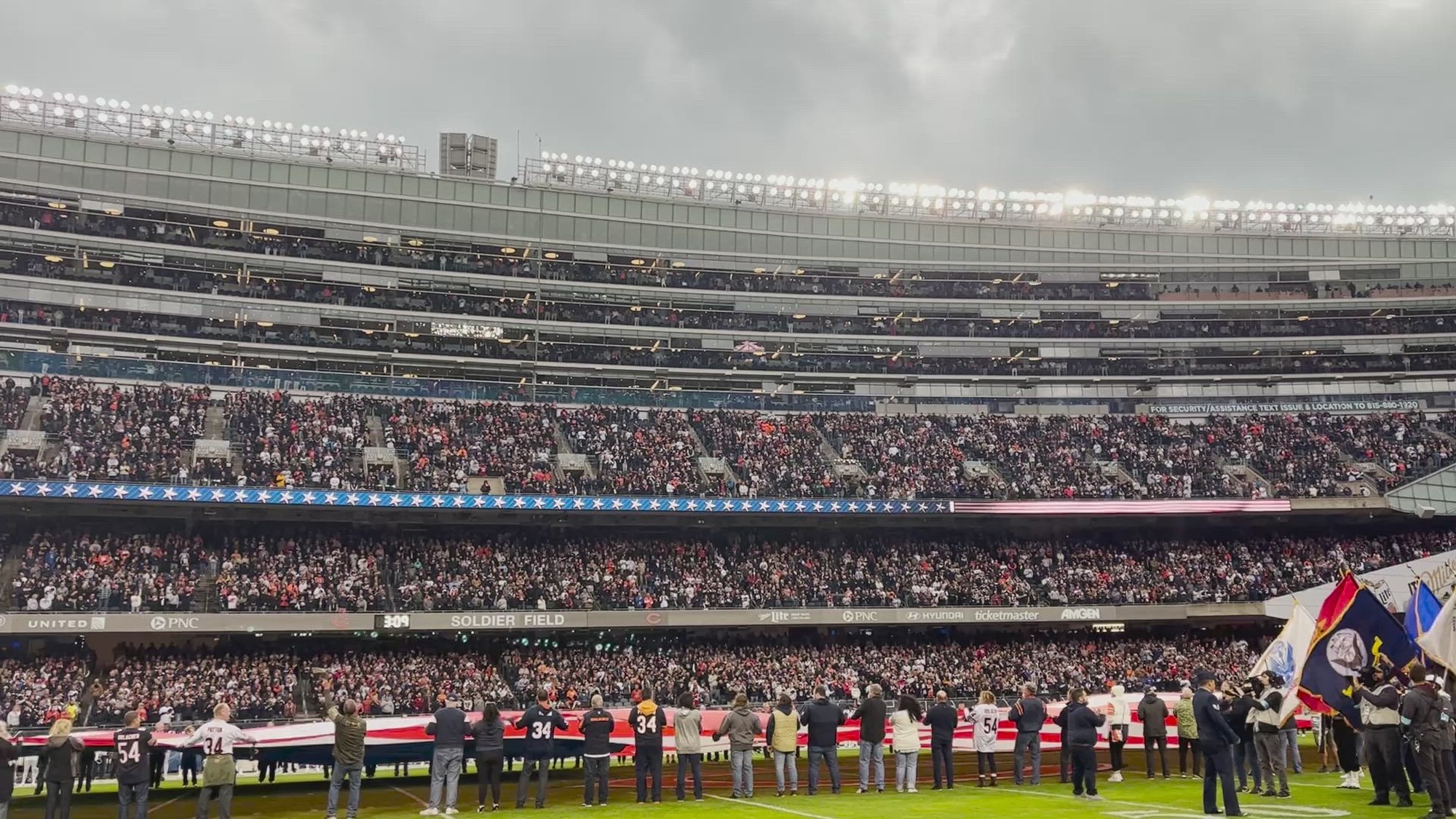 Gen. Randy George, Army Chief of Staff, along with service members from each branch of service participated in the Chicago Bears 'Salute to Service' game at Soldier Field to honor veterans there, November 10, 2024.
(U.S. Army Reserve video by Anthony L. Taylor)