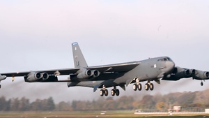 Two B-52s takeoff from RAF Fairford for Training Sortie
