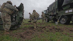 U.S. Soldiers emplace an M777 A2 howitzer during Dynamic Front 25 exercise