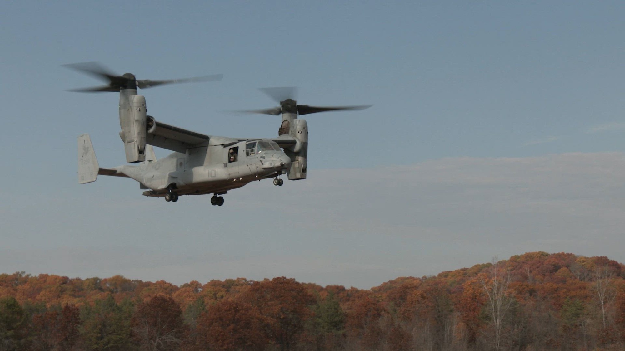 U.S. Marines with Marine Medium Tiltrotor Squadron (VMM) 161 from Marine Corps Air Station Miramar, San Diego, Calif., practice taking off and landing in their V-22 Osprey aircraft at Fort McCoy, WI, Oct. 17, 2024. The Osprey is a multirole combat aircraft that utilizes tiltrotor technology to combine the vertical performance of a helicopter with the speed and range of a fixed-wing aircraft.<br />(U.S. Army Video by Greg Mason, Multi-media Branch, Fort McCoy, Wis.)