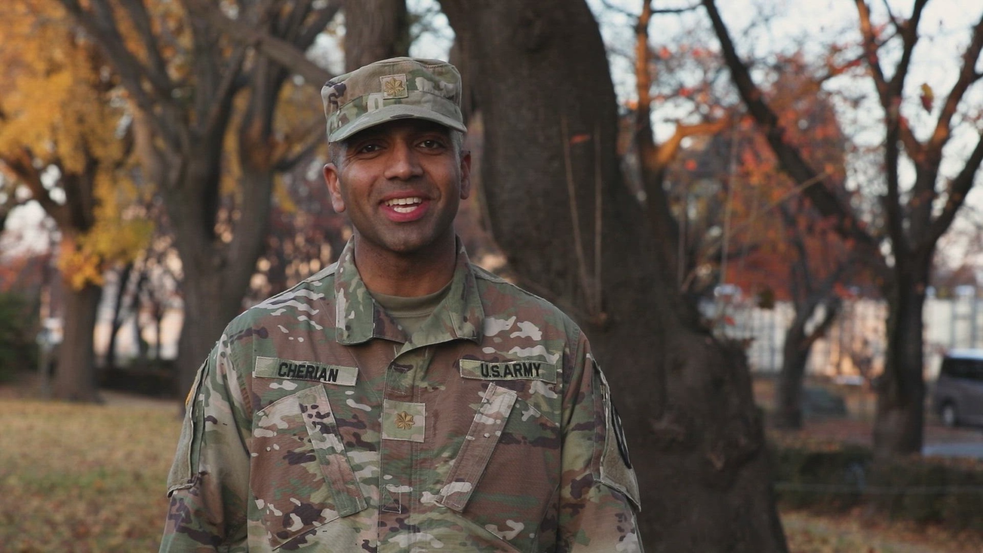 Maj. Raj Cherian, a military police officer, currently assigned to 303rd Maneuver Enhancement Brigade, U.S. Army Reserves, gives a seasonal holiday greeting while supporting Yama Sakura 87 at Camp Asaka, Japan, Dec. 4, 2024. This year, service members were given the opportunity to send out long-distance holiday greetings to their family and loved ones. (U.S. Army video by Spc. Michael Graf)
