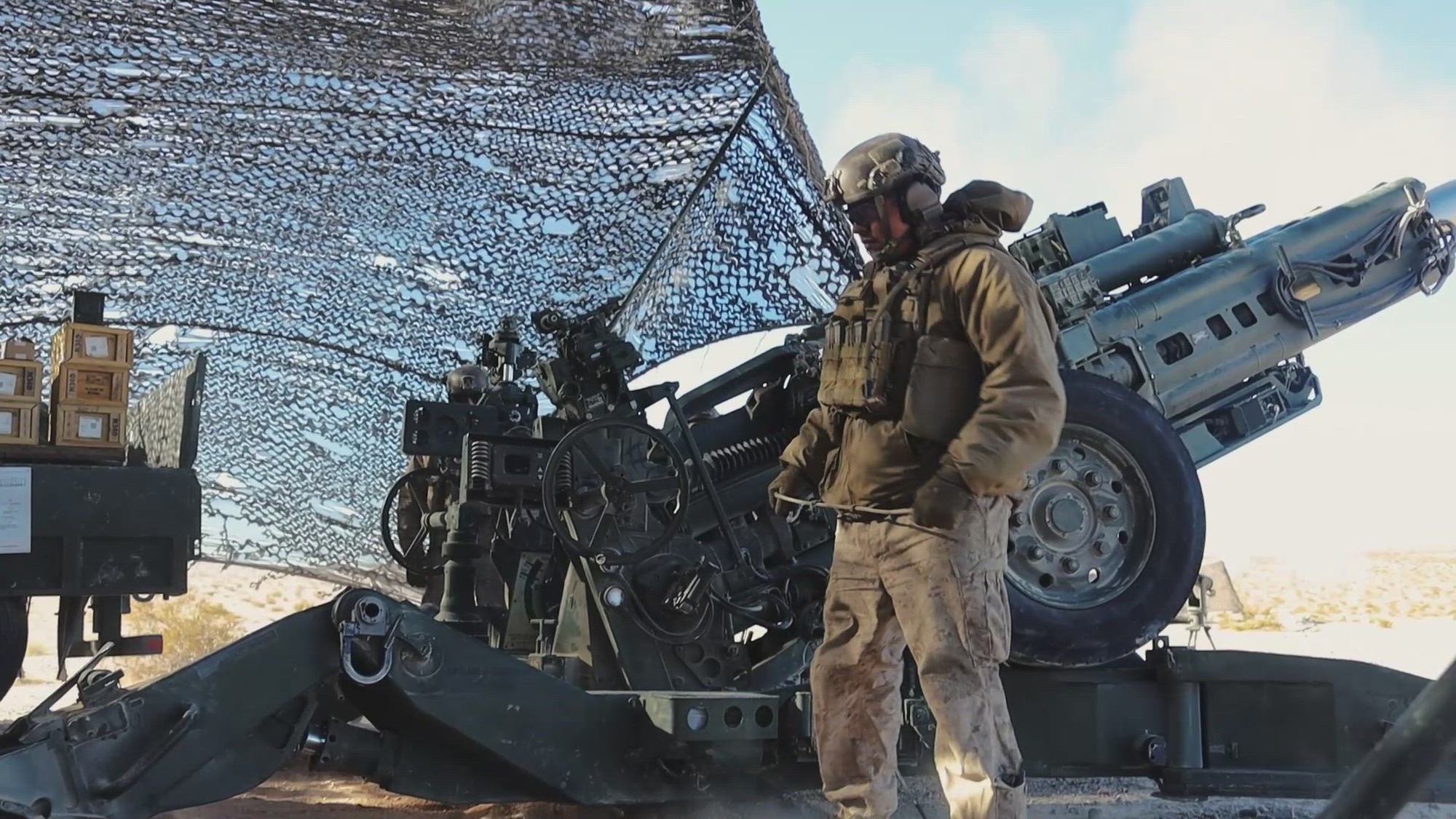 U.S. Marines with 2nd Battalion, 11th Marine Regiment, 1st Marine Division, participate in a Fire Support Coordination Exercise in support of Service Level Training Exercise 0-25 at Training Area Quackenbush, Marine Corps Air-Ground Combat Center, Twentynine Palms, California, Dec. 5, 2024. FSCEX is a live-fire training event integrating infantry battalion combat operations center functions, distributed artillery, mobile fire support teams, close air support assets, and electronic warfare support teams. SLTE 0-25 is designed to enhance readiness across core Mission Essential Tasks and prepare Marines for high-end Force-on-Force operations.