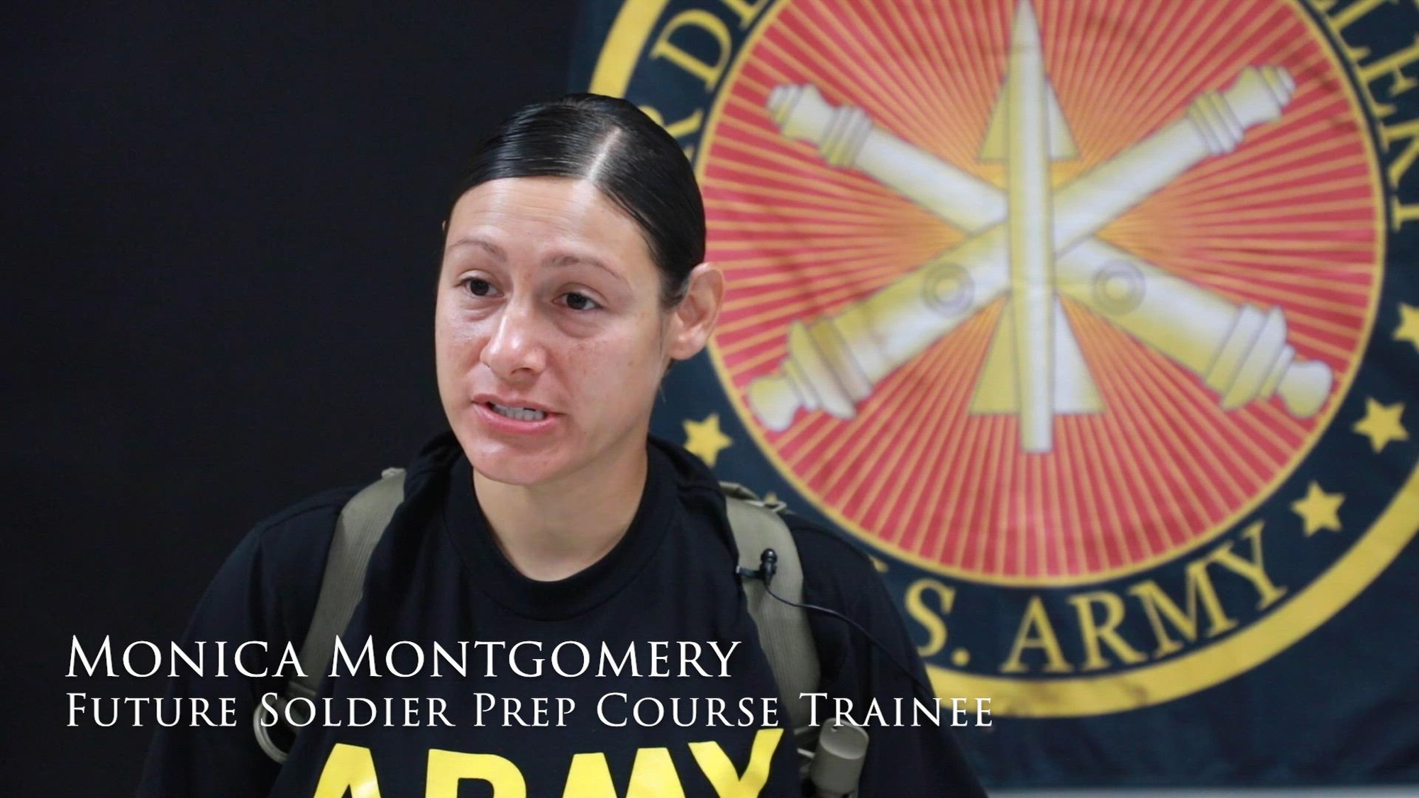 Monica Montgomery, Future Soldier Preparatory Course graduate, shares her goals in an interview after, completing the academic track of FSPC and scoring well on the Armed Services Vocational Aptitude Battery, and selecting the military occupational specialty 14E, Patriot Fire Control Enhanced Operator/Maintainer, at Fort Jackson, Carolina Carolina. The Las Vegas, Nevada native scored so well she landed a bonus and an assignment at Fort Bliss, Texas contingent on successful graduation from Basic Combat Training and Advanced Individual Training.