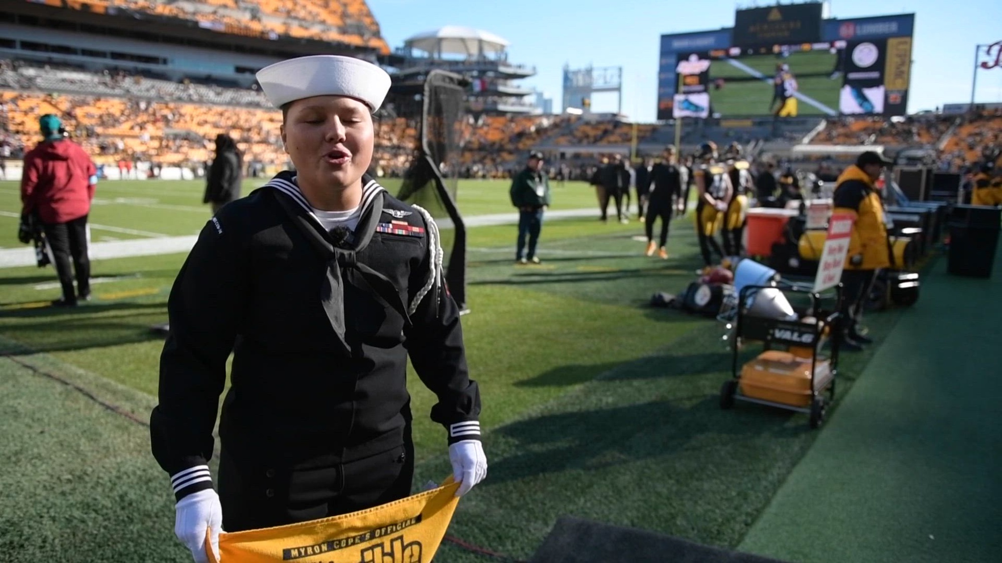 Aviation Boatswain&#39;s Mate (Fuels) 2nd Class Jewel Beesley gives a shout out to the Pittsburgh Steelers.