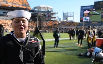 Aviation Boatswain's Mate (Fuels) 2nd Class Jewel Beesley gives a shout out to the Pittsburgh Steelers.