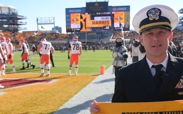 Chief Warrant Officer 4 William Dinsmore gives a shout out to the Pittsburgh Steelers.