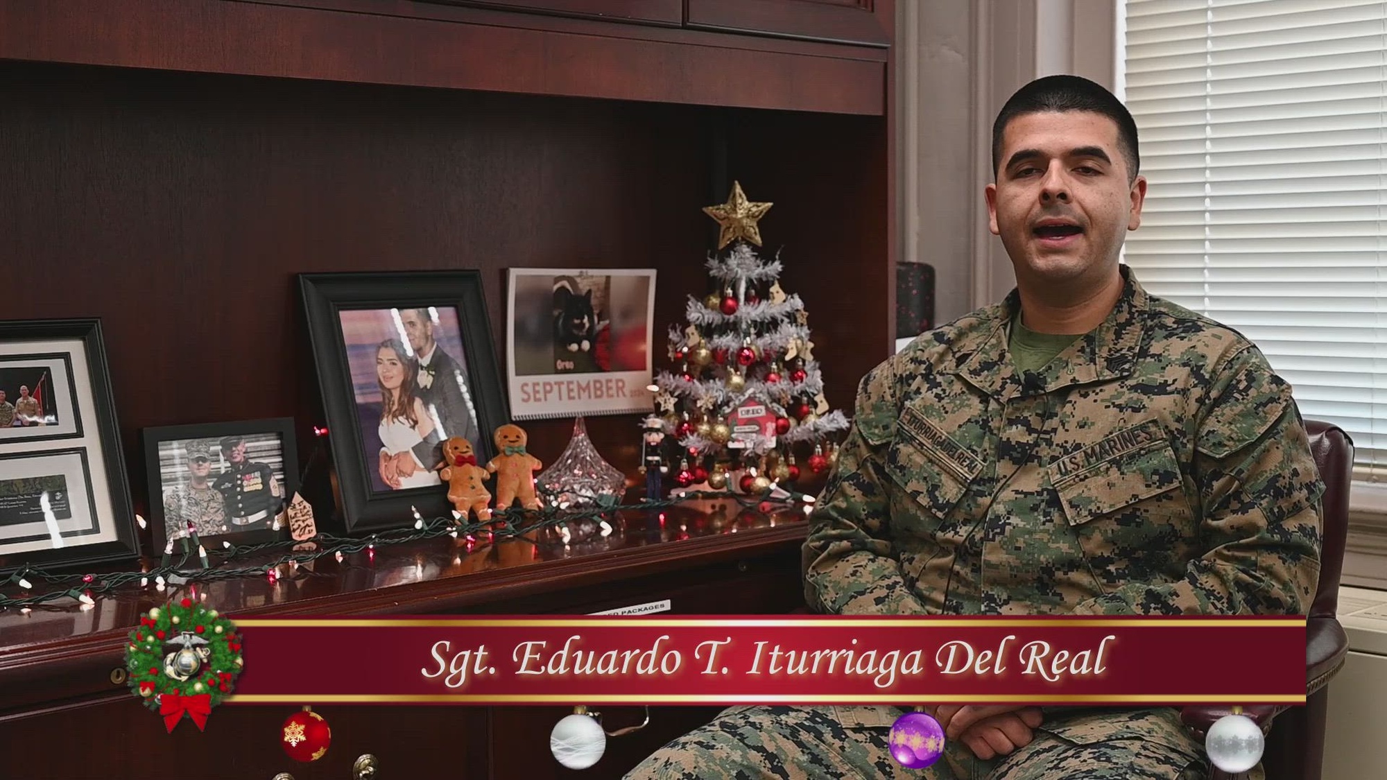 Marine Corps Sgt. Eduardo T. Iturriaga Del Real delivers a base-wide holiday message on Marine Corps Base Quantico, Dec. 6, 2024. The holiday message intends to spread glee across the base during the season of cheer. (U.S. Marine Corps video by Lance Cpl. Catherine Schei) 