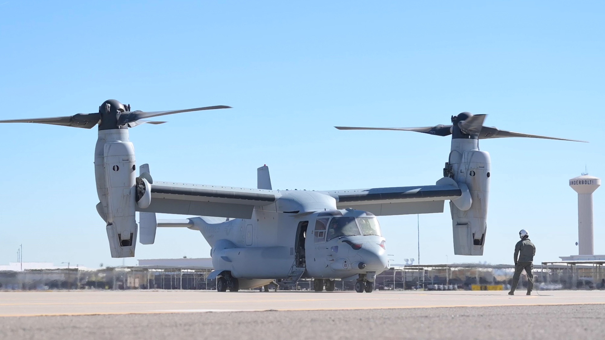 U.S. Air Force Airmen assigned to the 56th Fighter Wing work together on the first day of the Desert Hammer exercise, Nov. 13, 2024, in Gila Bend Air Force Auxillary Field, Arizona. They were transported via U.S. Marine Corps MV-22 Ospreys from Luke Air Force Base to the forward operating point in Gila Bend AFAF, where training took place to prepare for future deployments and hone their skills as mission-ready Airmen. (U.S. Air Force video by Airman Belinda Guachun-Chichay)