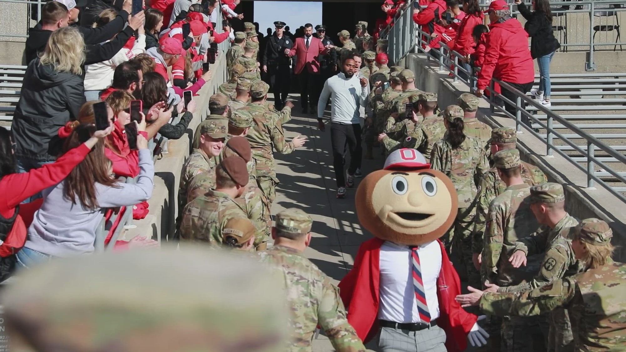 U.S. service members are honored during The Ohio State University’s annual military appreciation game at Ohio Stadium in Columbus, Ohio, Nov. 9, 2024. During halftime, new Ohio Army and Air National Guard recruits were welcomed onto the field where they recited their oath of enlistment. (U.S. Army National Guard video by Staff Sgt. Tommie Berry, 196th Mobile Public Affairs Detachment)<br /><br />Interview 1: Alivia Hilvers, Ohio Air National Guard Recruit