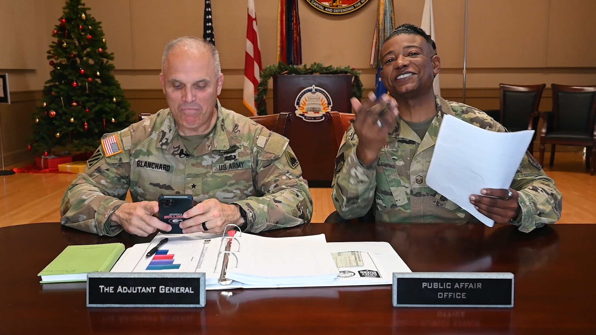 Maj. Gen. John C. Andonie, Commanding General (Interim), District of Columbia National Guard; Brig. Gen. Leland L. Blanchard II, the Adjutant General (TAG), D.C. National Guard, and Command Sgt. Maj. Ronald L. Smith, Jr., Command Senior Enlisted Leader (CSEL), D.C. National Guard, thank Soldiers, Airmen, civilians, and family members for their accomplishments over the year. (U.S. Air National Guard video by Master Sgt. Arthur M. Wright)