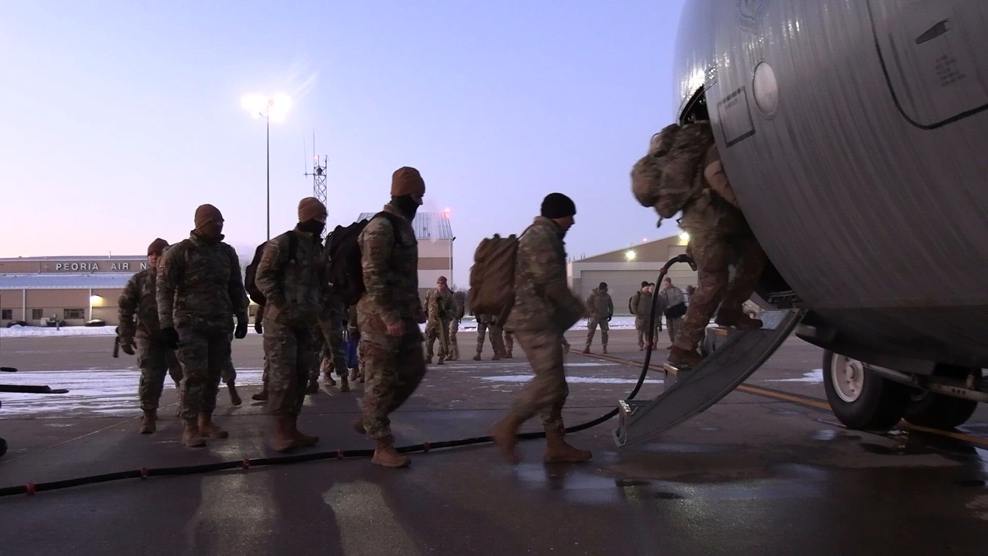 B-roll package of approximately 140 Illinois National Guard members deploying via a C-130H Hercules assigned to the 182nd Airlift Wing, Peoria, Illinois, to Washington, D.C. on Jan. 15, 2025, to support the Presidential Inauguration. Approximately 110 Soldiers and 30 Airmen from the Illinois National Guard deployed on federal orders to support security operations for the 60th Presidential Inauguration on Jan. 20, 2025. (U.S. Air National Guard video by Staff Sgt. Katherine M. Jacobus)