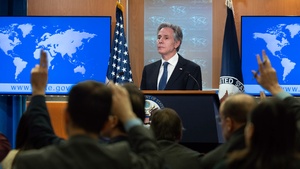 Secretary of State Antony J. Blinken participates in a press availability from the Department of State