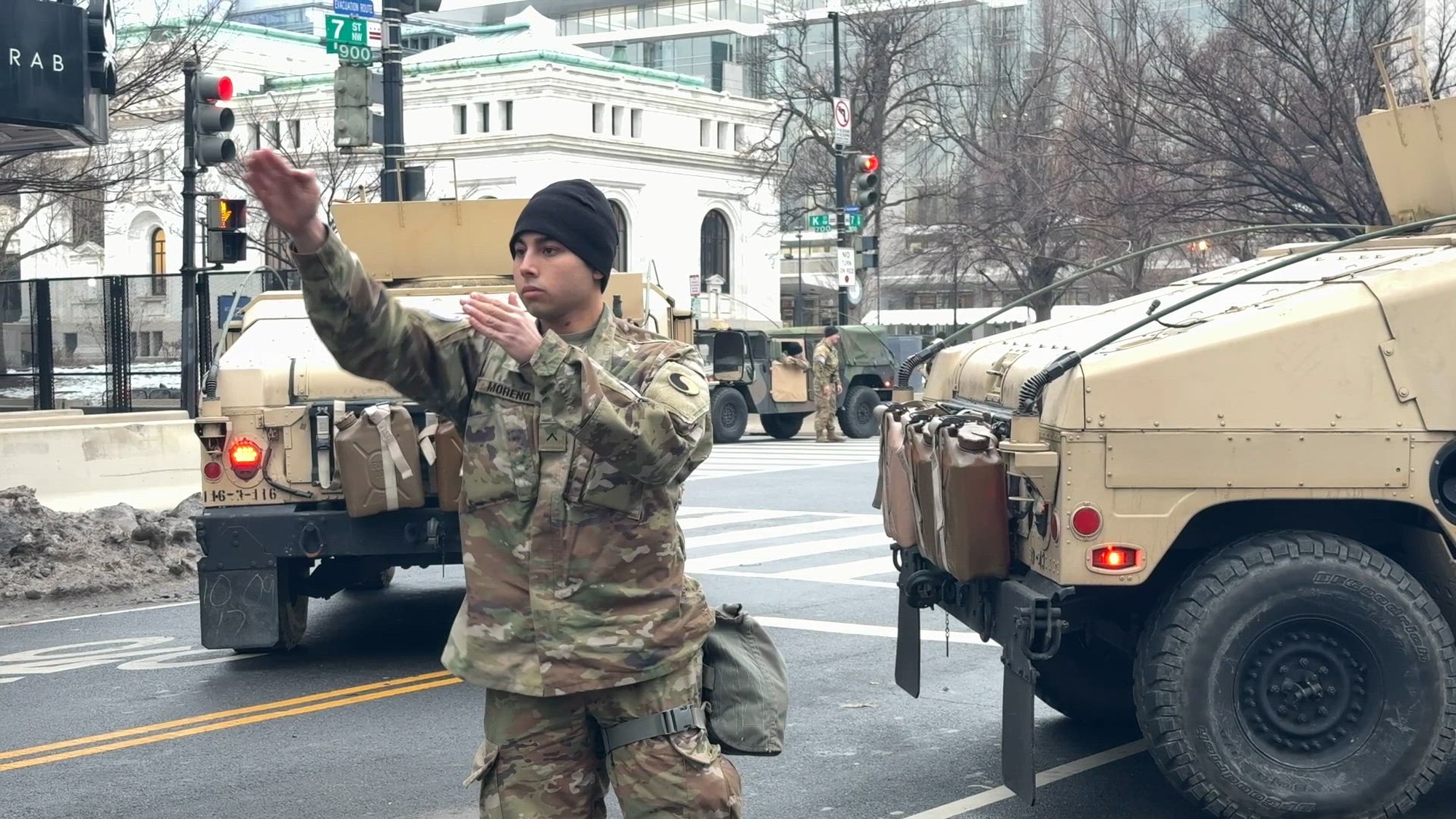 Virginia National Guard soldiers establish traffic control points throughout Washington, D.C., in support of the 60th Presidential Inauguration, Jan. 19, 2025. Approximately 8,000 National Guard service members from approximately 40 states and territories comprise JTF-DC to support the 60th Presidential Inauguration, continuing a legacy that began in 1789 when their predecessors escorted George Washington to the first inauguration. At the request of civil authorities, these National Guard service members provide critical support such as crowd management, traffic control points, CBRN response, civil disturbance response and sustainment operations.
