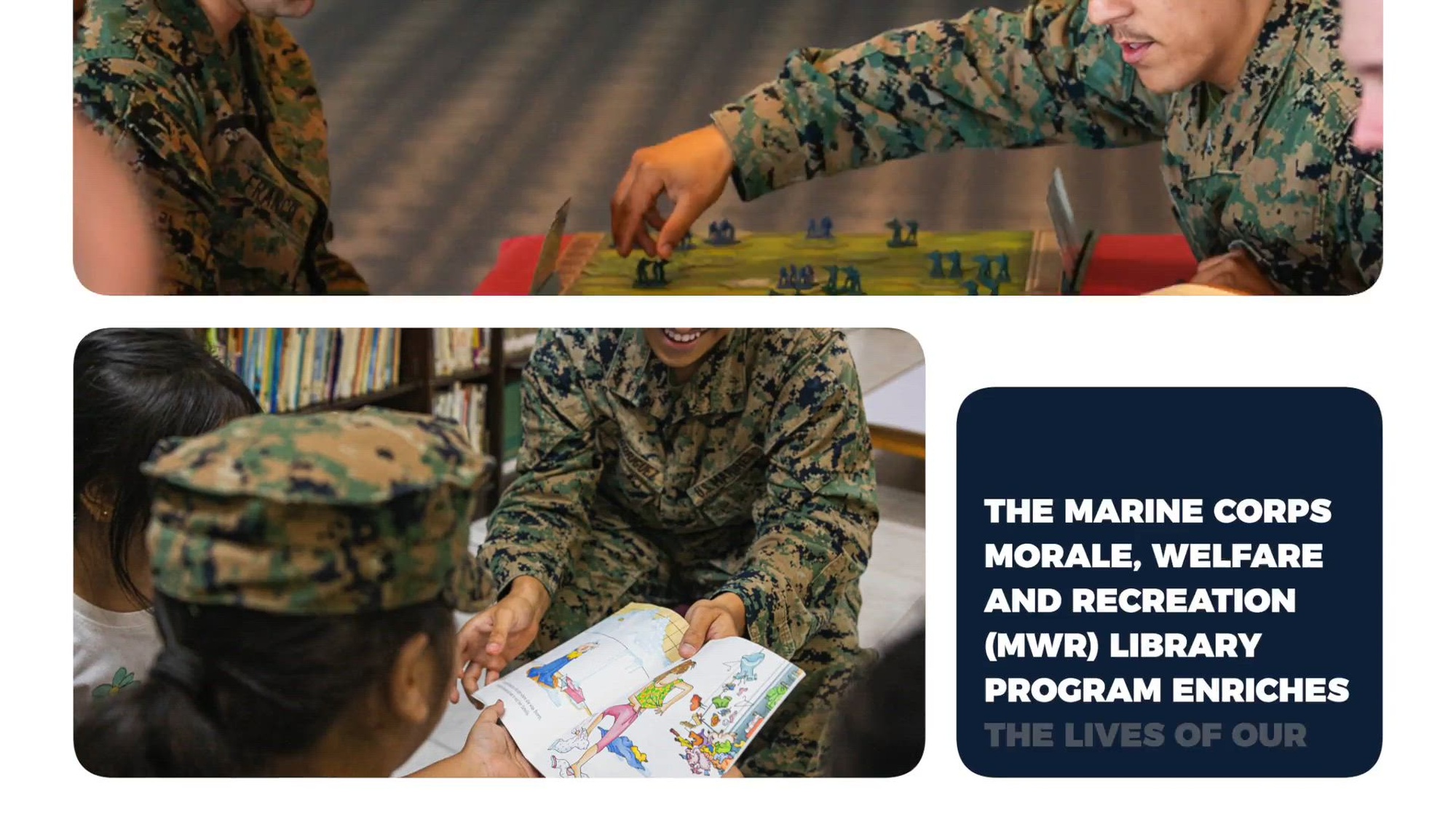 The Marine Corps MWR Library Program enriches the lives of our military community by fostering opportunities for connection and providing equitable access to knowledge, innovation, and creativity.