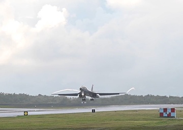 34th Expeditionary Bomb Squadron B-1B Lancers return to Andersen Air Force Base after completing a Bomber Task Force 25-1 mission