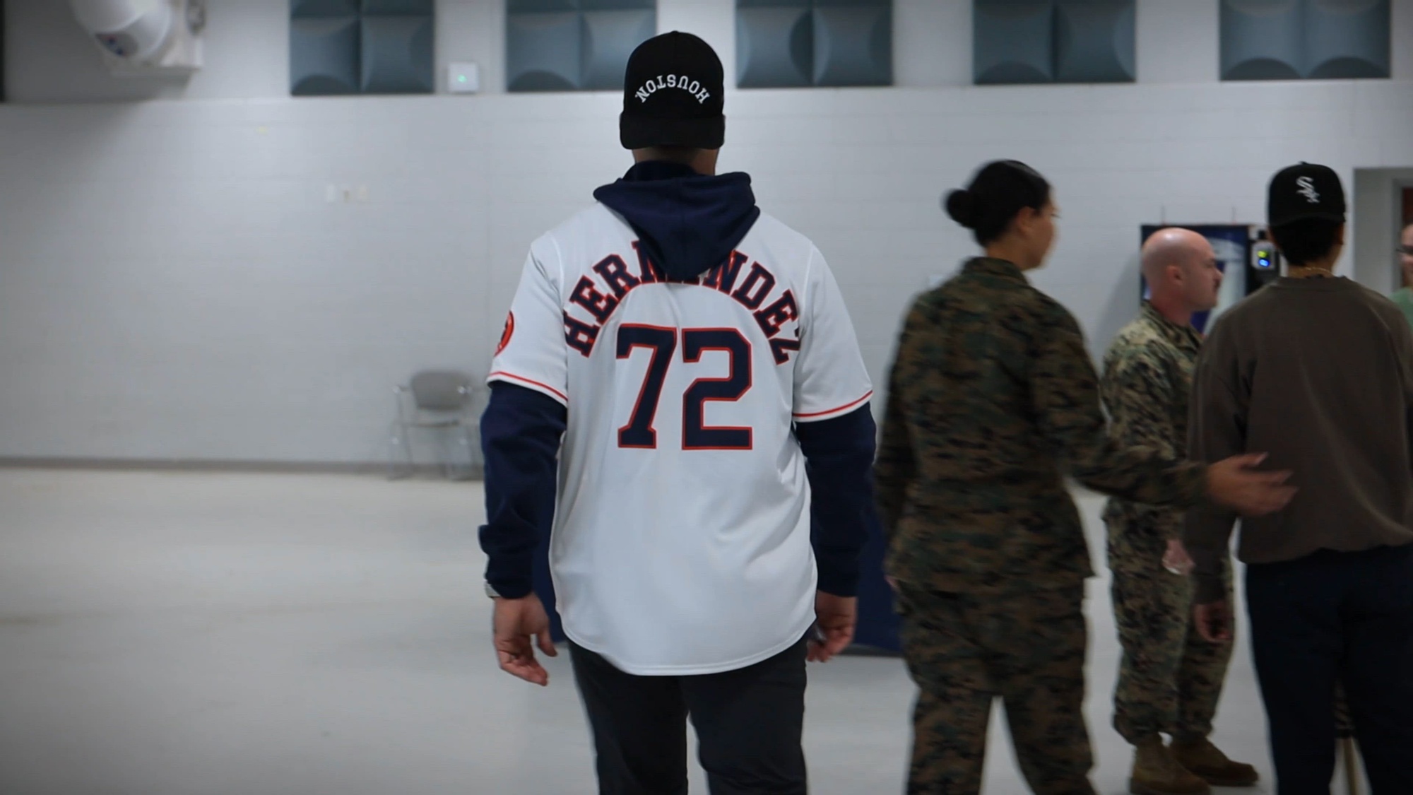 The Houston Astros visit Armed Forces Reserve Center during the Houston Astros Pre- Season Caravan Tour in Austin, Texas, Jan. 23, 2025. During the visit, the Houston Astros held a meet and greet with service members, signed autographs, and participates in a static display. (U.S. Marine Corps Video by Cpl. Jose D. Cruz)