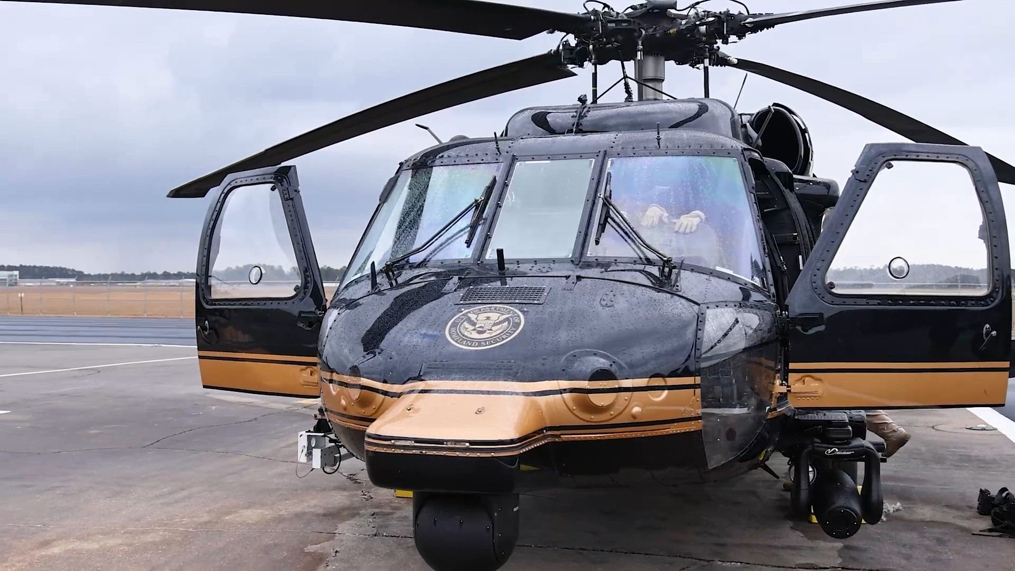U.S. Customs and Border Protection’s (CBP) Air and Marine Operations fly air security over Caesars Superdome for Super Bowl LIX in New Orleans.
