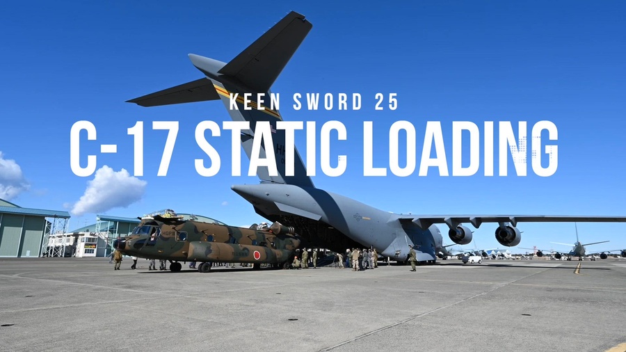 Approximately 60 members from the Japan Ground Self-Defense Force, Japan Air Self-Defense Force and U.S. Air Force conducted a C-17 static loading test at Naval Air Facility Atsugi, Japan, Feb. 3-4, 2024. The event was part of Keen Sword 25, a bilateral training exercise that takes place every two years to improve the combat readiness and interoperability of the U.S-Japan alliance. (U.S. Air Force video by Senior Airman Natalie Doan)