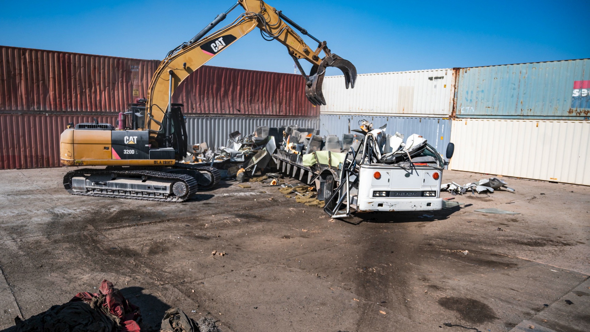 Defense Logistics Agency, Disposition Services Central conducts a bus tear-down within the U.S. Central Command area of responsibility, Feb. 7, 2025. DLA Disposition Services manages the disposal of hazardous property for DoD activities, maximizing the use of each item and minimizing environmental risks and costs through monitored compliant disposal. This product is a combined photo timelapse. (U.S. Air Force video by Airman 1st Class Zeeshan Naeem)