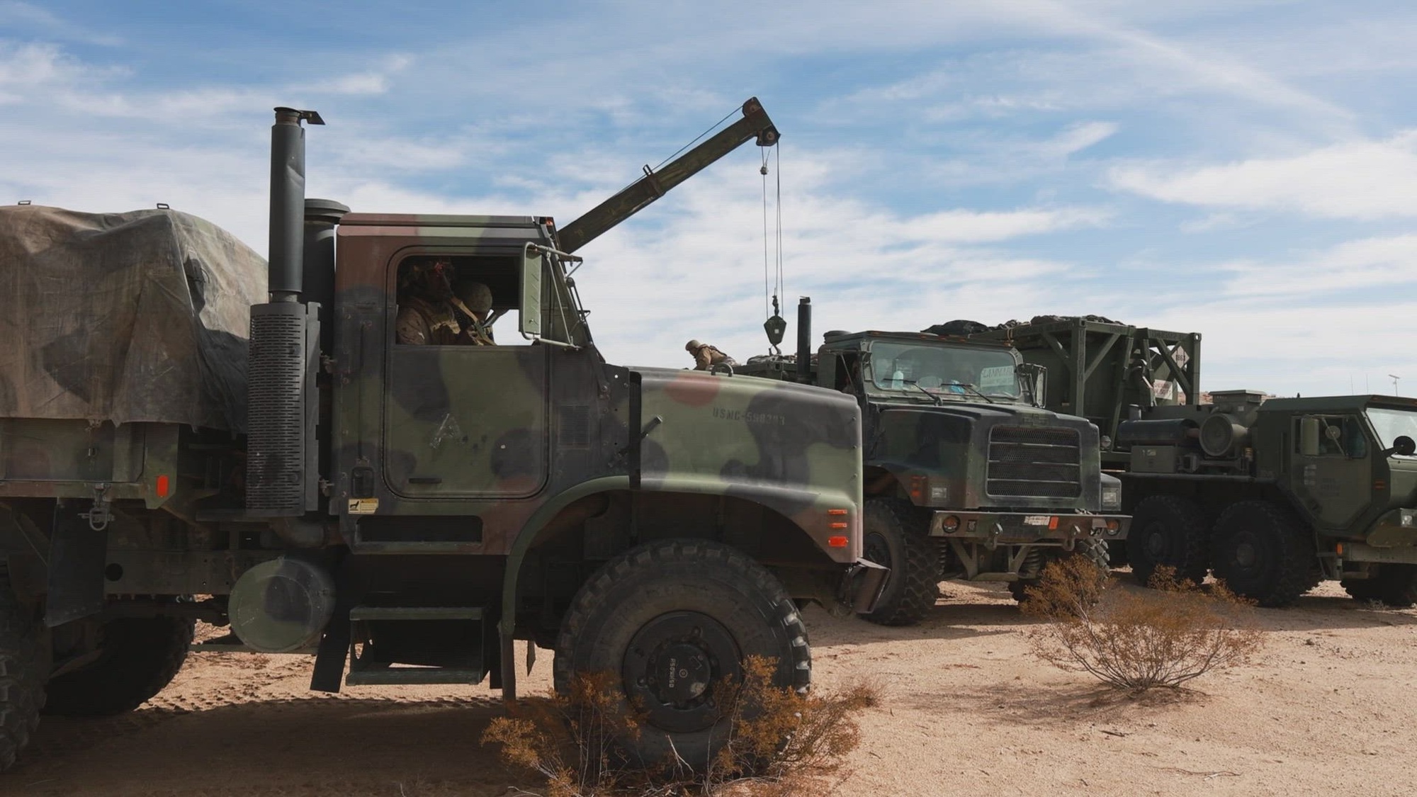 U.S. Marines with Combat Logistics Battalion 7, 1st Marine Logistics Group, I Marine Expeditionary Force, conduct a Tactical Logistics Operations Course as part of Integrated Training Exercise 1-25 at Range 800, Marine Corps Air-Ground Combat Center, Twentynine Palms, California, Jan. 31, 2025. TLOC tests the logistics element’s ability to sustain operations in a contested environment by integrating ground logistics capabilities to ensure mission success. ITX enhances the lethality, autonomy and decision-making of the MAGTF by creating a challenging and realistic training environment. (U.S. Marine Corps video by Cpl. Connor Webb)