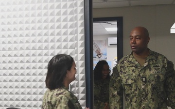 Fleet Master Chief Petty Officer Lateef N. Compton, Fleet Master Chief for Commander, U.S. Naval Forces Europe and Africa visits AFN Souda Bay studio